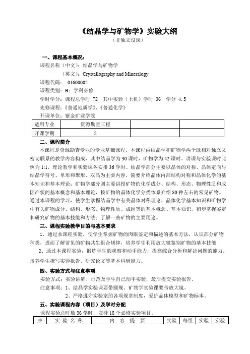 福大《结晶学与矿物学》实验大纲