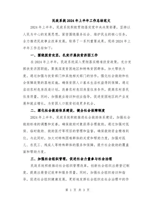 民政系统2024年上半年工作总结范文
