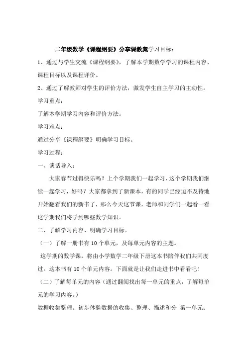 二年级下册数学课程纲要分享课