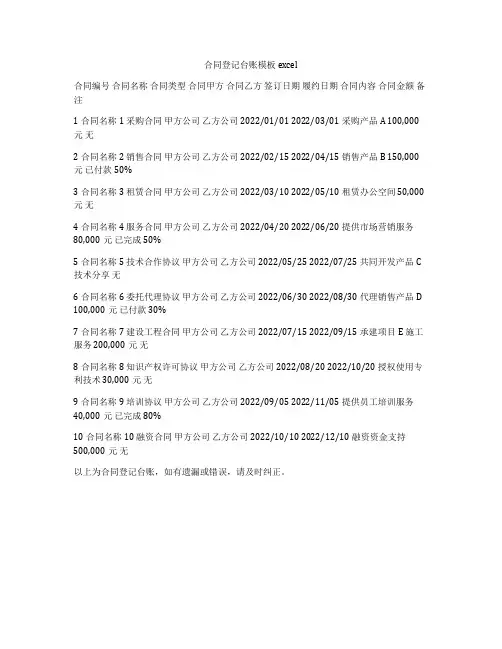 合同登记台账模板excel