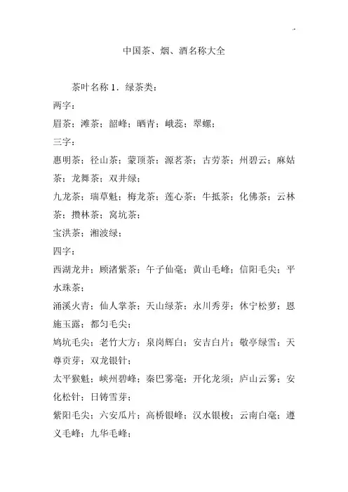 中国茶,烟,酒名称全集
