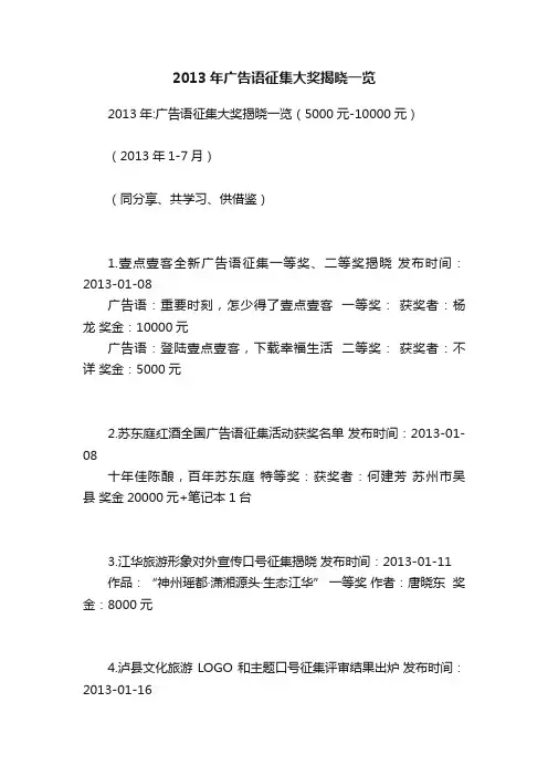 2013年广告语征集大奖揭晓一览