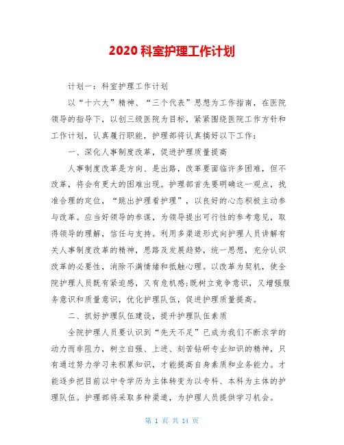 2020科室护理工作计划