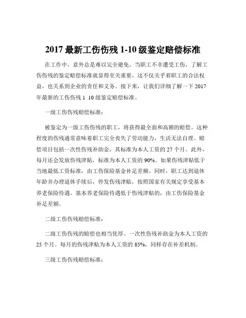 2017最新工伤伤残1-10级鉴定赔偿标准