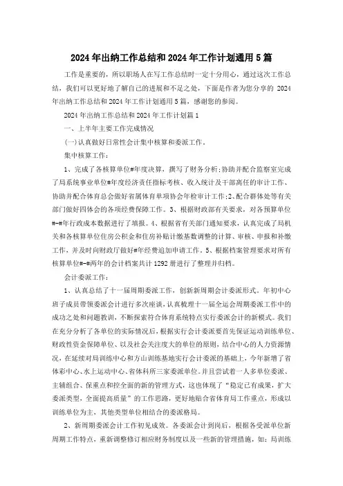 2024年出纳工作总结和2024年工作计划通用5篇
