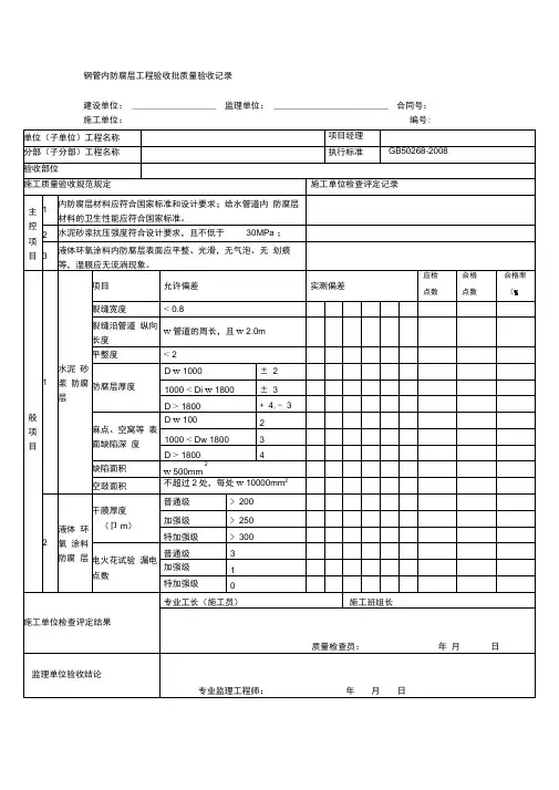 钢管内防腐层工程验收批质量验收记录