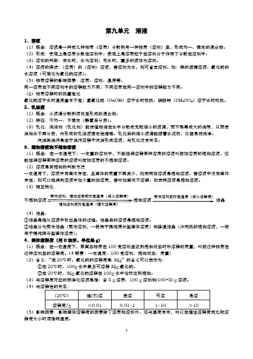 初中九年级《化学》第九单元溶液重要知识点梳理