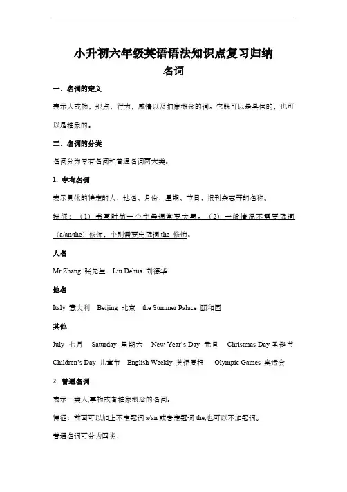 小升初六年级英语语法知识点复习归纳--名词  全国通用