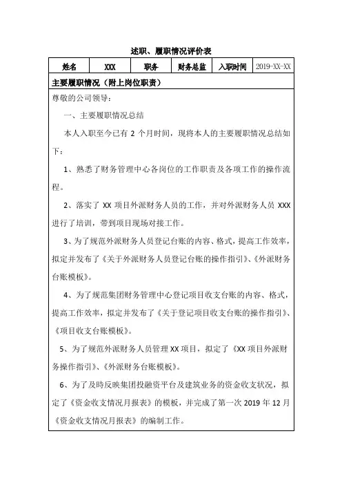 述职、履职情况评价表