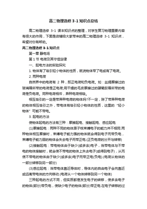 高二物理选修3-1知识点总结