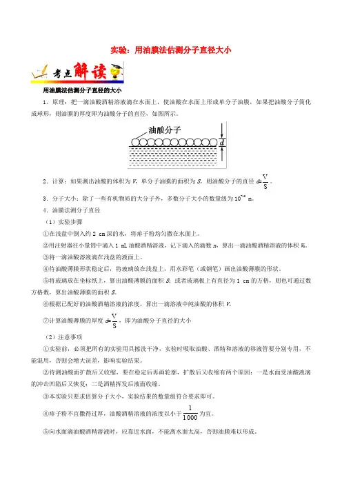 备战2019年高考物理 考点一遍过 考点59 实验：用油膜法估测分子直径大小(含解析)