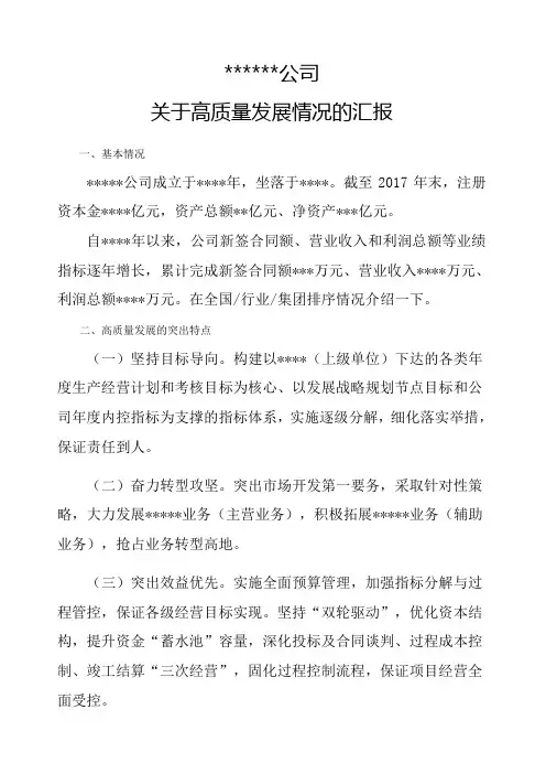 某公司关于高质量发展情况的汇报