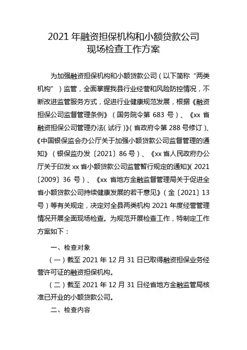 2021年融资担保机构和小额贷款公司现场检查工作方案