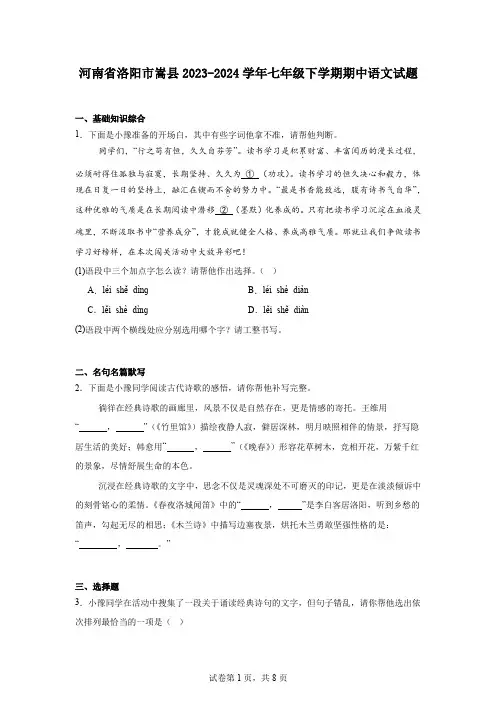 河南省洛阳市嵩县2023-2024学年七年级下学期期中语文试题