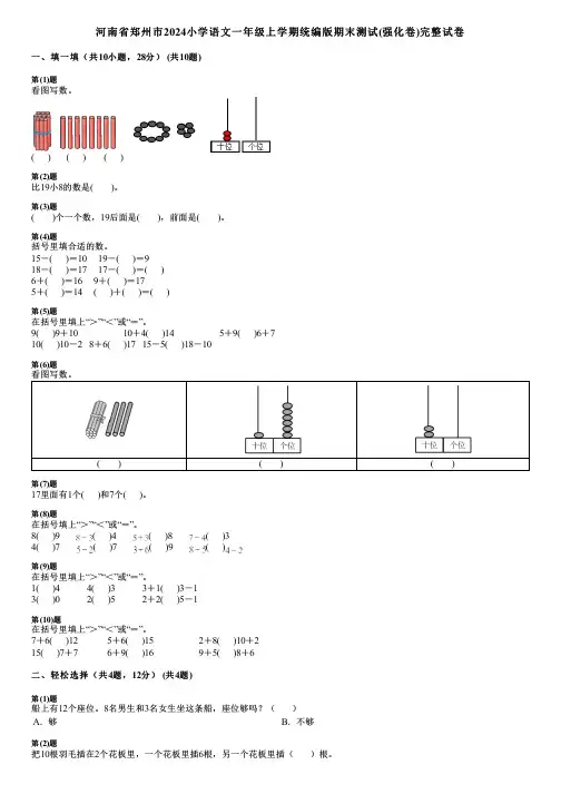 河南省郑州市2024小学数学一年级上学期统编版期末测试(强化卷)完整试卷