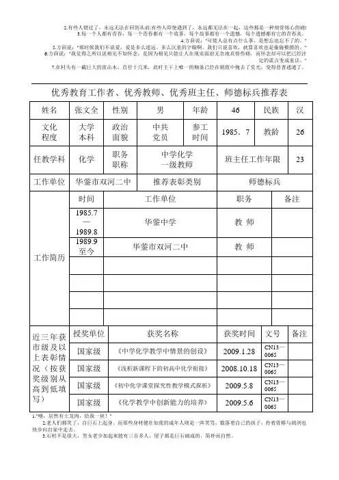 优秀教育工作者、优秀教师、优秀班主任、师德标兵推荐表