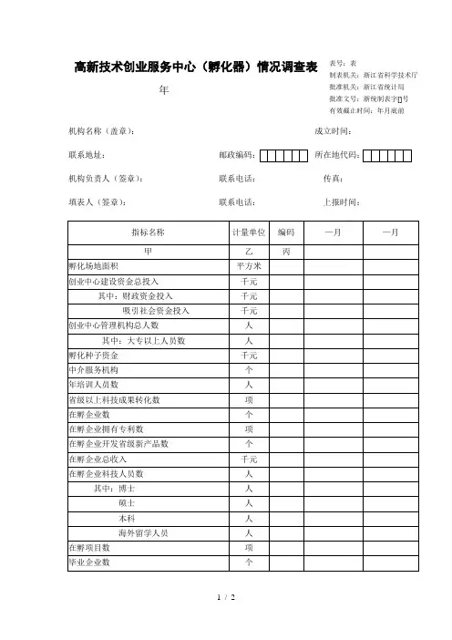高新技术创业服务中心(孵化器)情况调查表