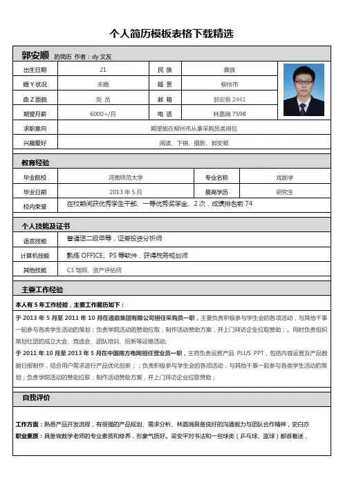 个人简历模板表格下载精选