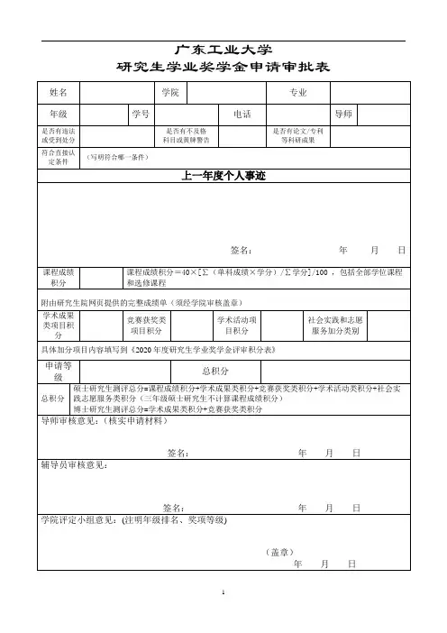 1、广东工业大学研究生学业奖学金申请审批表
