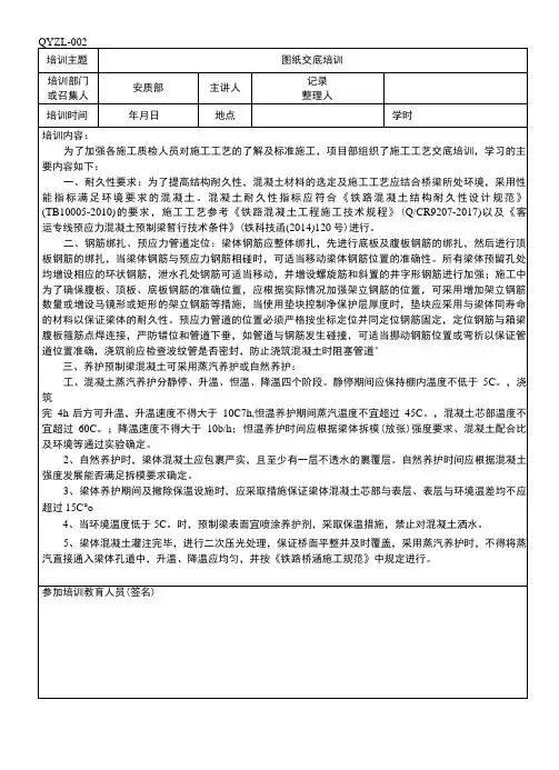 质量培训记录表施工项目