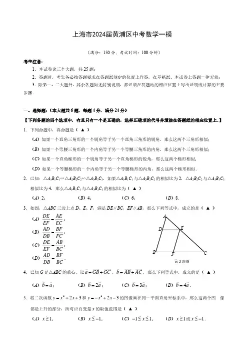上海市2024届黄浦区中考数学一模