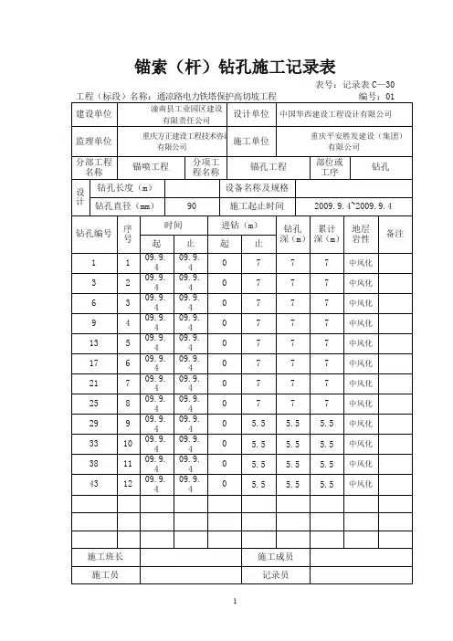锚索(杆)成孔施工记录表