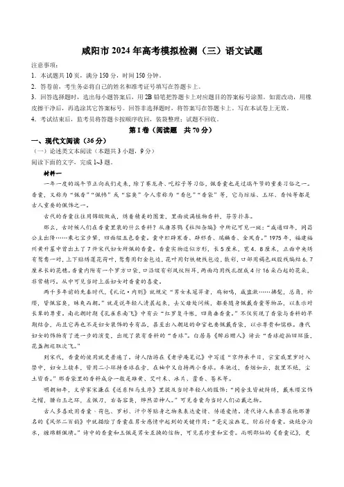 陕西省咸阳市2024届高三下学期高考模拟检测(三)语文试卷