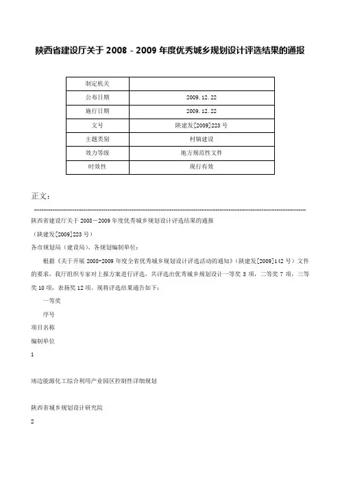 陕西省建设厅关于2008－2009年度优秀城乡规划设计评选结果的通报-陕建发[2009]223号