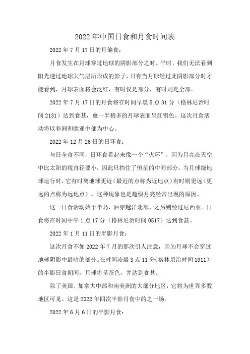 2022年中国日食和月食时间表
