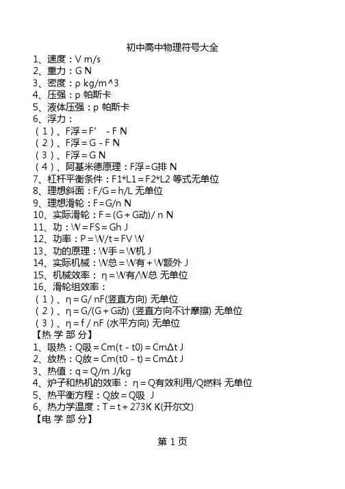 初中高中物理符号大全