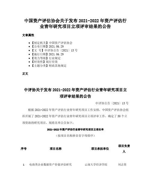中国资产评估协会关于发布2021-2022年资产评估行业青年研究项目立项评审结果的公告