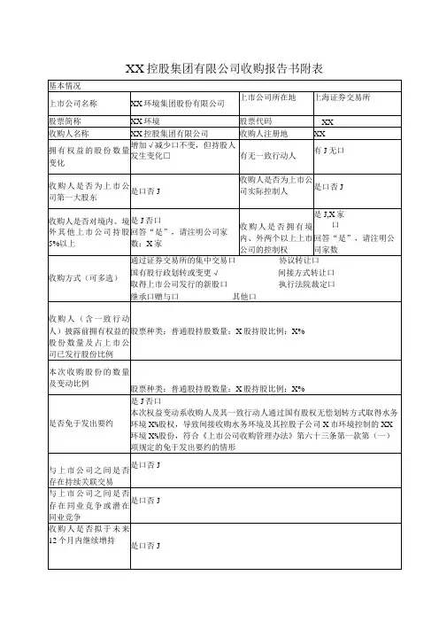 XX控股集团有限公司收购报告书附表(2023年)