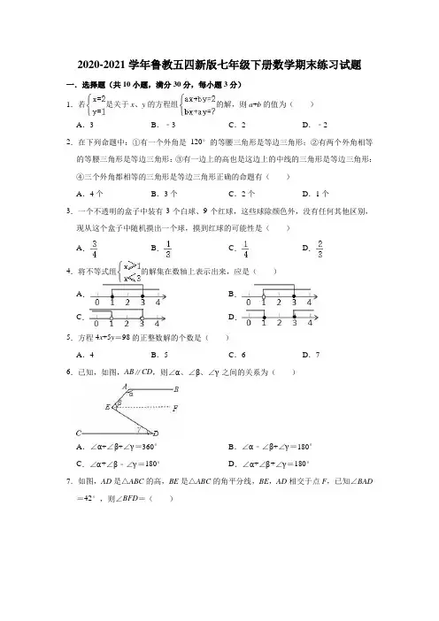 2020-2021学年鲁教版(五四制)七年级下册数学期末练习试题 