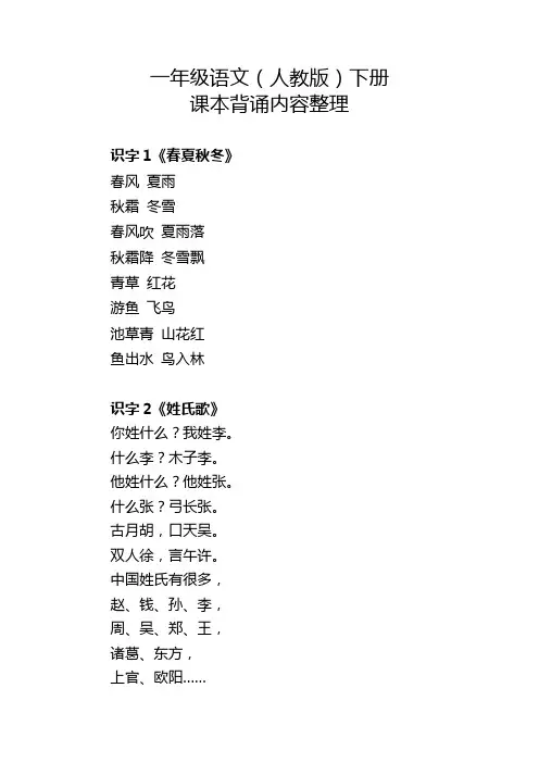 小学语文(人教版)课本1-6年级下册背诵内容整理