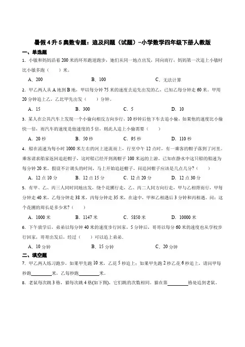 暑假4升5奥数专题：追及问题(试题)-小学数学四年级下册人教版