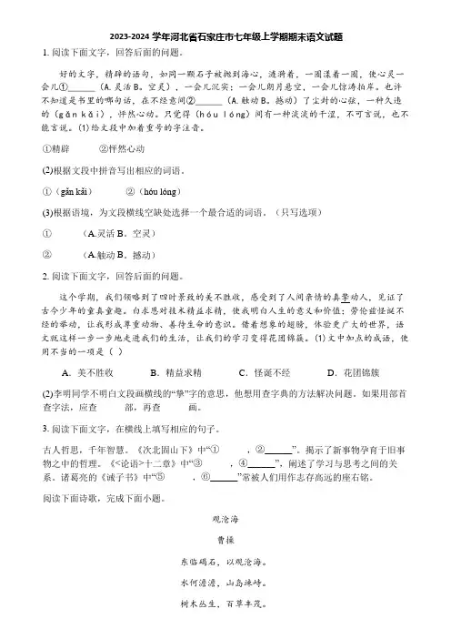 2023-2024学年河北省石家庄市七年级上学期期末语文试题