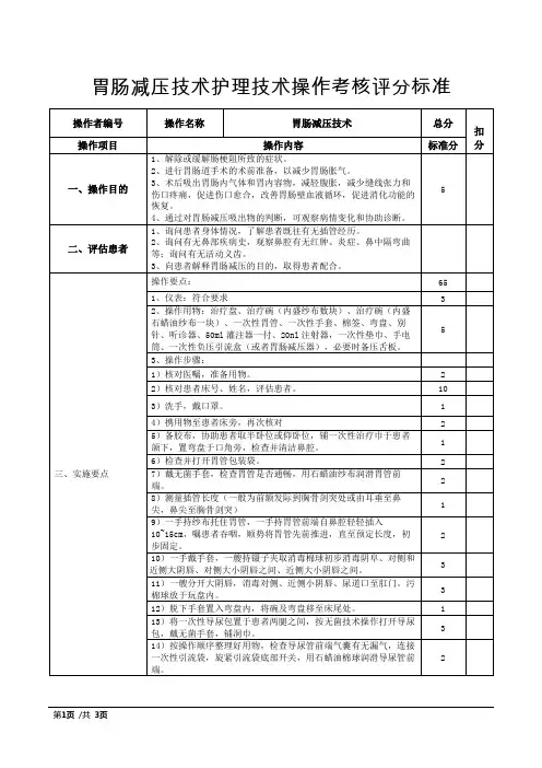 胃肠减压技术护理技术操作考核评分标准