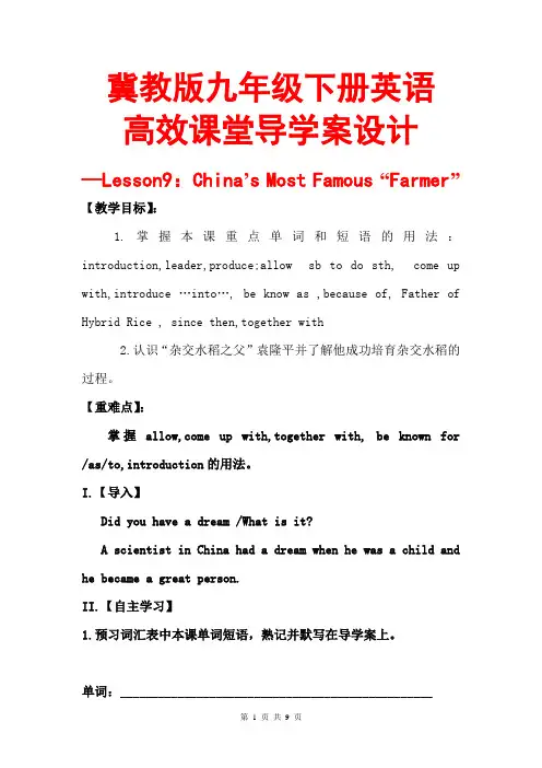 冀教版九年级下册英语导学案(教案)-Lesson9