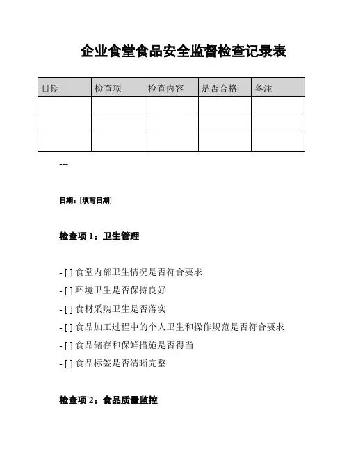 企业食堂食品安全监督检查记录表