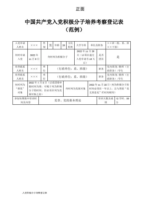 入党积极分子培养考察登记表