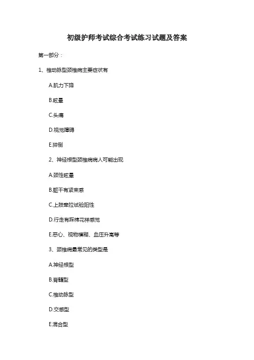 初级护师考试综合考试练习试题及答案