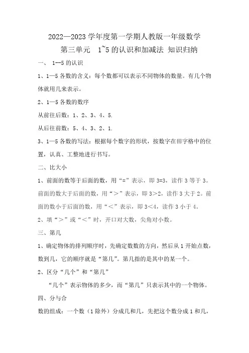 第三单元  1—5的认识和加减法 知识归纳