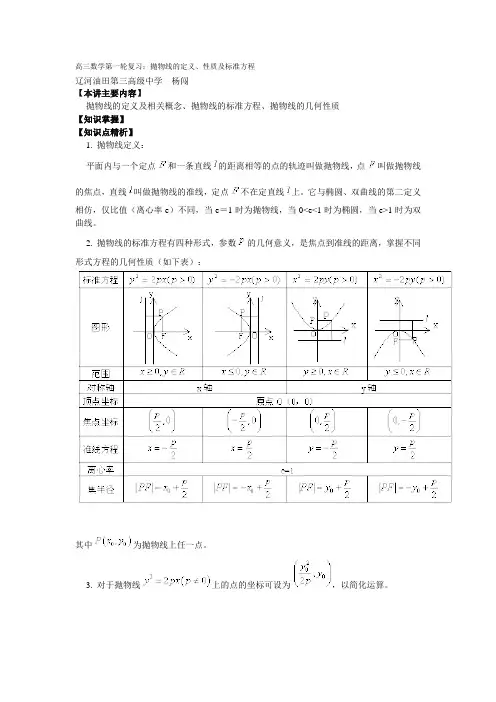 抛物线的定义及相关概念、抛物线的标准方程、抛物线的几何性质