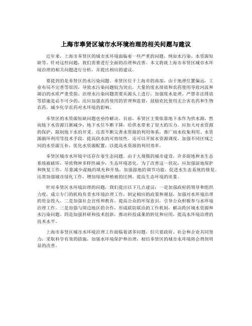 上海市奉贤区城市水环境治理的相关问题与建议