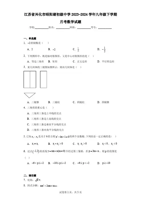 江苏省兴化市昭阳湖初级中学2023-2024学年九年级下学期月考数学试题