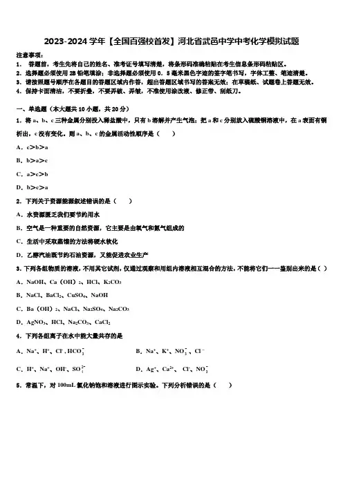 2023-2024学年【全国百强校首发】河北省武邑中学中考化学模拟试题含解析