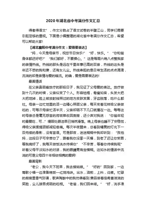 2020年湖北省中考满分作文汇总