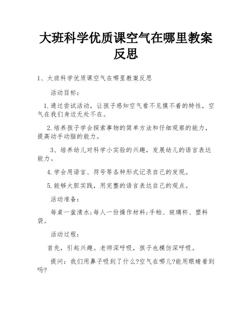 大班科学优质课空气在哪里教案反思