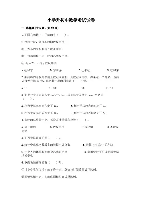 小学升初中数学考试试卷附答案(培优)