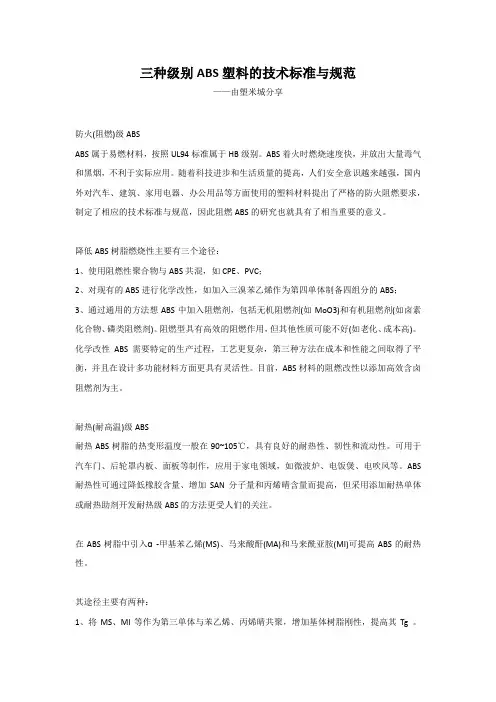 三种级别ABS塑料的技术标准与规范